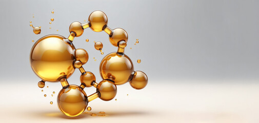 Golden liquid oil transparent molecular background, 3d rendering, on a light background, with space for copy and paste. Excellent background for cosmetic, pharmacological products