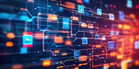 Fototapeta premium An abstract tech background highlights bright lines and nodes linking various business icons, demonstrating strategic communication in the digital realm.