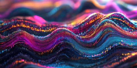 A visual representation of AI-driven investment algorithms, with complex, colorful data patterns shifting dynamically to reflect stock market trends and predictive analyt