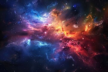 A vibrant cosmic nebula with swirling clouds of gas and dust, illuminating the dark expanse of space with shades of blue, red, and orange.