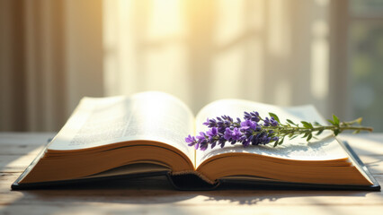 A close-up of an open book with purple flower petals resting on the pages.