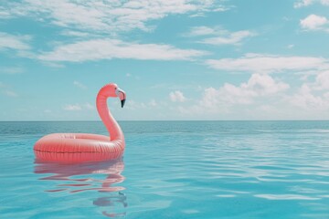 Fototapeta premium Pink flamingo float gently rides the calm turquoise waters under a bright sky with fluffy clouds.