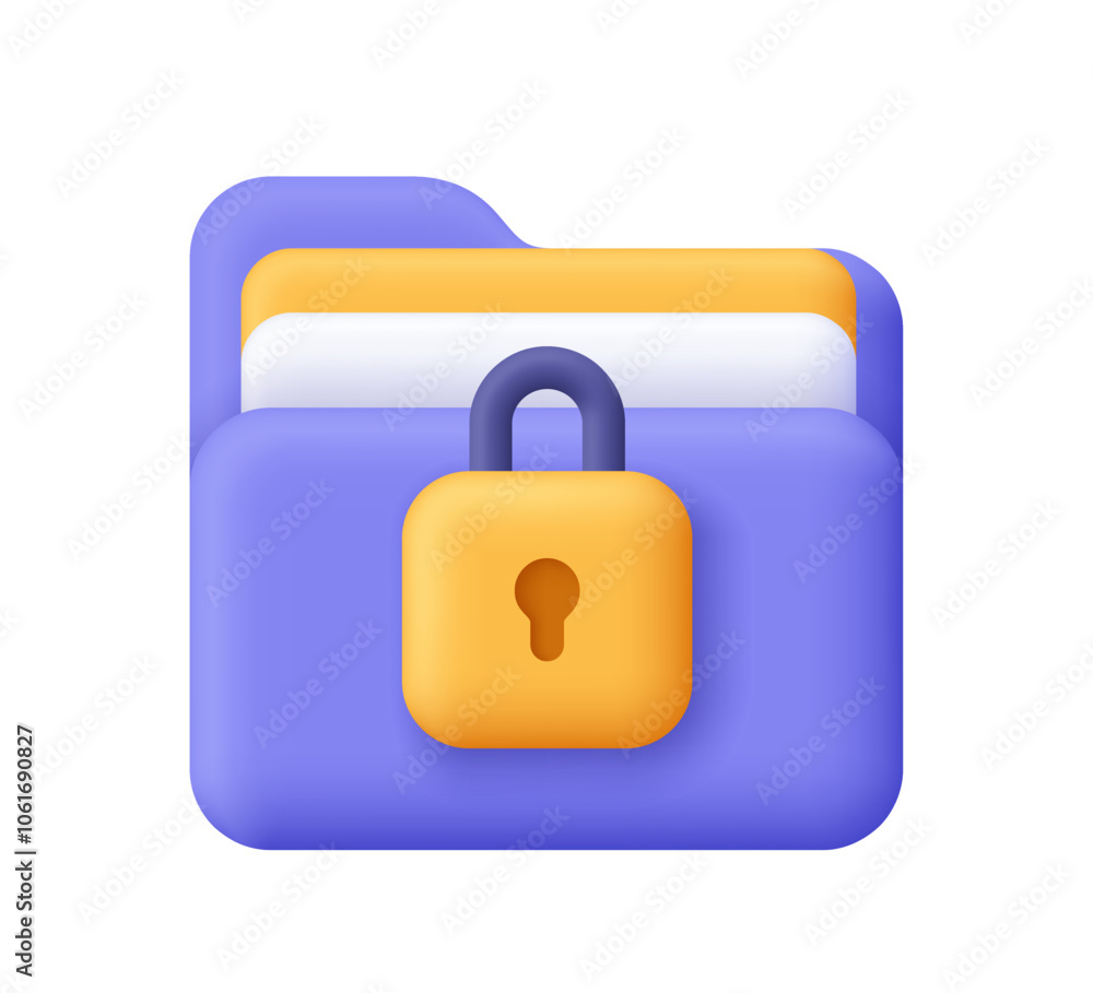 Poster folder with documents and a lock. data security, information protection, privacy concept. 3d vector 