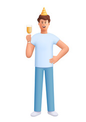 Man in festive hats celebrating, holding champagne or wine glass. Celebrating, party, birthday concept. 3d vector people character. Cartoon minimal style.