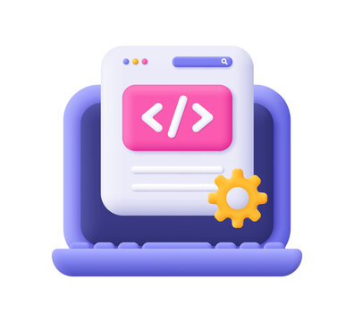Laptop and web page with code symbol and gear cogwheel. Web development and SEO, software engineering, setting and tools, programming and coding concept. 3d vector icon. Cartoon minimal style.