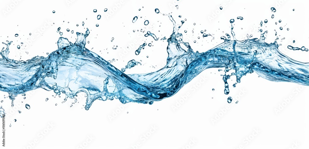 Poster splash of clear blue water, creating dynamic waves and droplets with isolated white background.