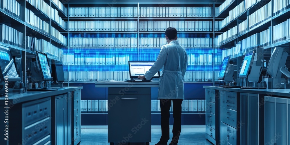 Poster An advanced document analysis room with AI tools meticulously examining digital records.