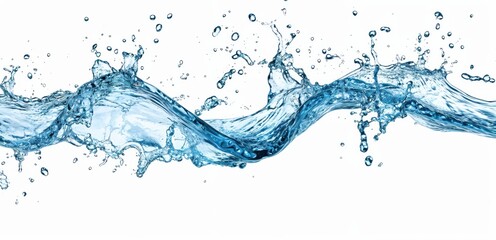 Splash of clear blue water, creating dynamic waves and droplets with isolated white background.