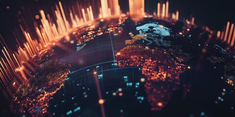 A holographic global finance map showing real-time economic data, currency exchange rates, and financial market updates, overlaid on a dynamic 3D globe.