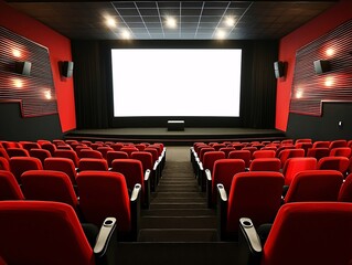 A modern cinema interior featuring empty red seats and a large blank screen, ready for the next film, depicting a vibrant movie experience.