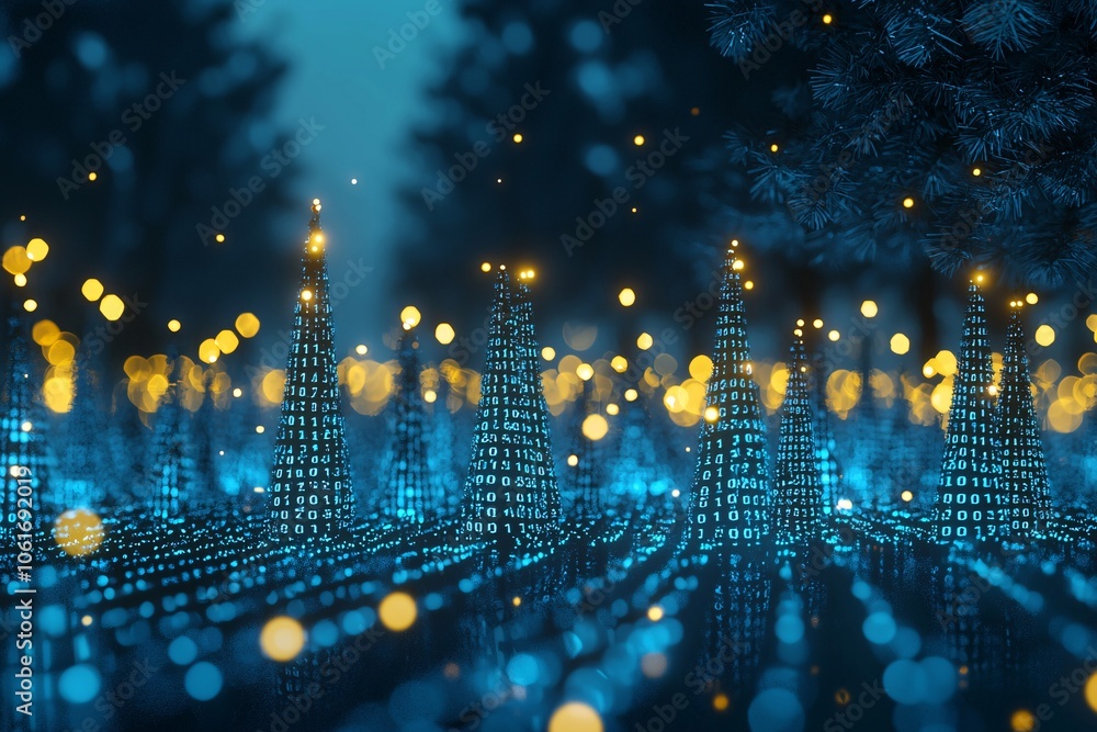 Poster an abstract representation of digital data fields with glowing blue and yellow lights, creating a ca