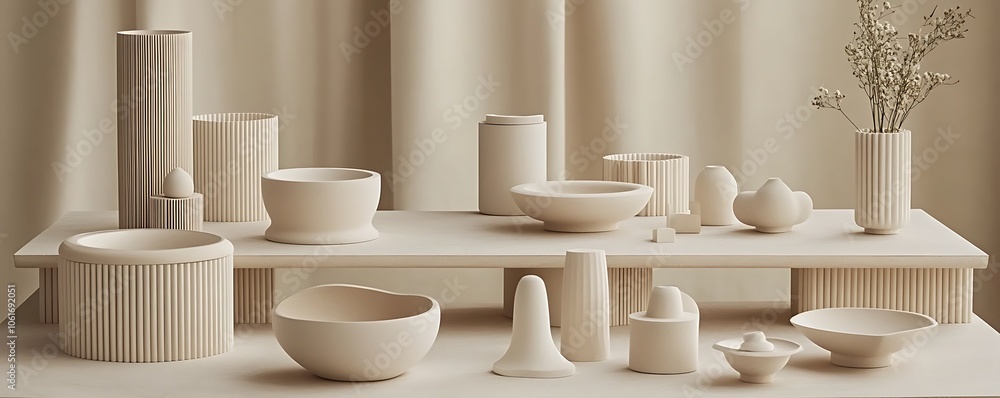 Poster a minimalist display of ceramic and porcelain objects arranged artistically on a shelf.