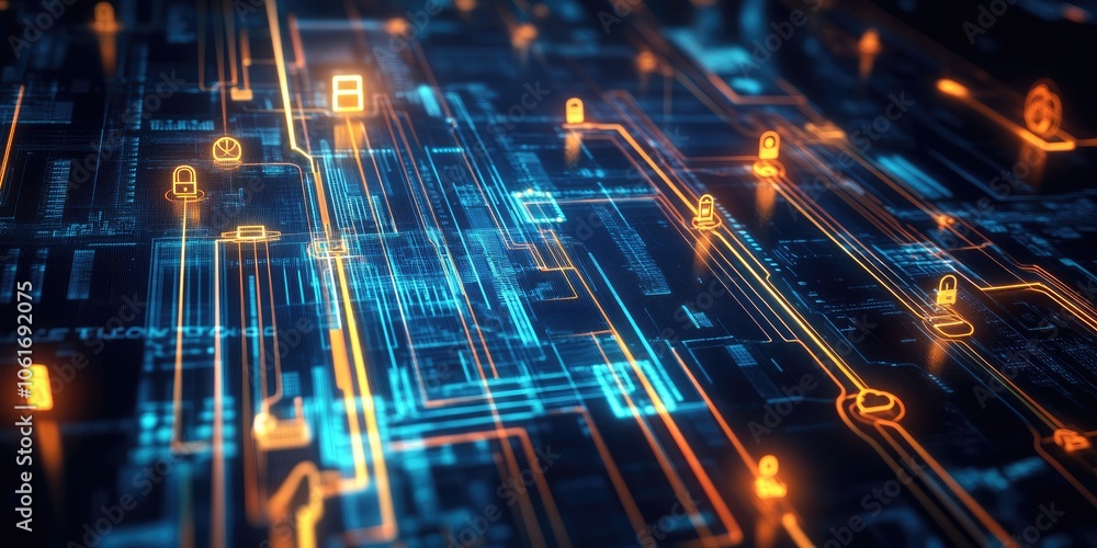 Aufkleber An abstract tech background features luminous lines and data nodes that link business icons and communication points, illustrating robust network strategies.