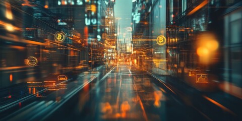 Fototapeta premium Abstract concept of cryptocurrency transactions on a digital wallet, with a blurred trading environment in the background.
