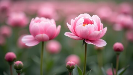 Fototapeta premium Blooming pink peonies in a lush garden setting