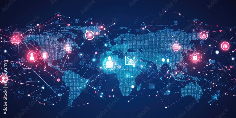 Poster an abstract representation of a connected world features lines and icons linking data points, focusi