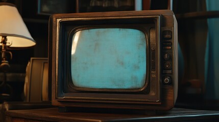 Vintage CRT television with static on screen in dimly lit room. Retro and nostalgia concept