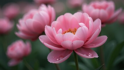 Obraz premium Delicate pink peony blossoms with dew drops in a lush garden setting