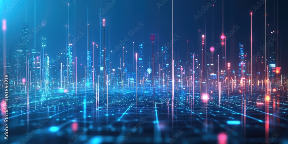 Poster a futuristic business network is defined by glowing lines linking devices and icons across a vibrant