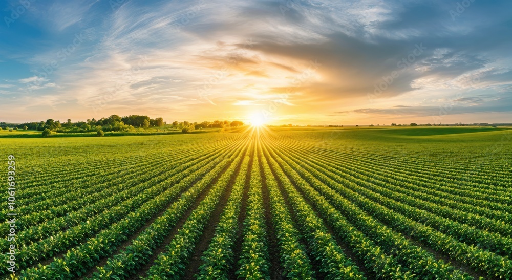 Poster vibrant sunset illuminates a lush green field with neatly aligned crop rows