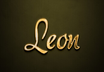 Old gold text effect of name Leon with 3D glossy style Mockup.