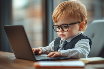 Smart baby businessman wearing glasses and tie using laptop, representing early education, future career, and technological proficiency