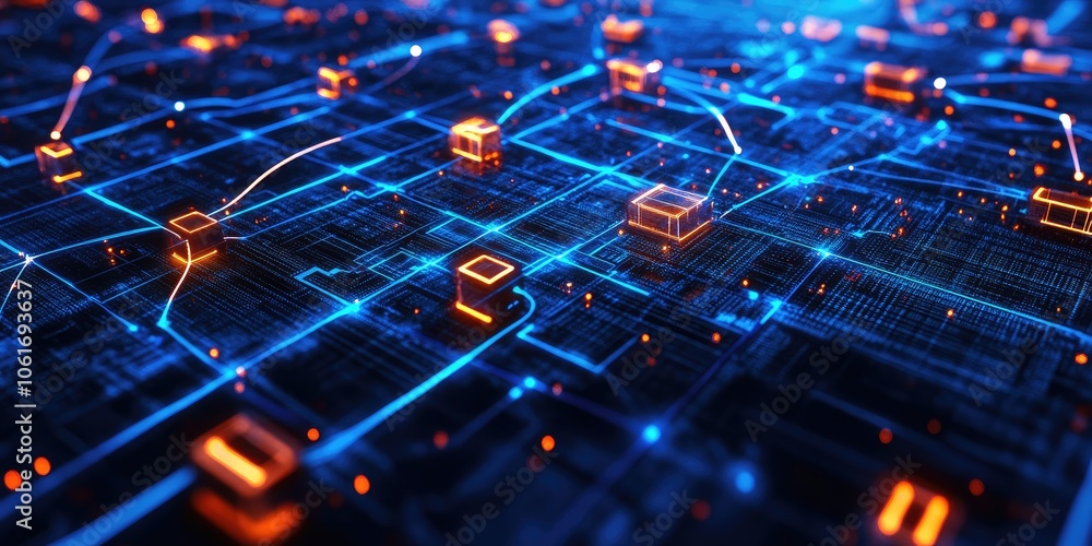 Poster A cutting-edge blockchain security system visualized with glowing digital blocks and secure connections, representing decentralized, encrypted data transactions.