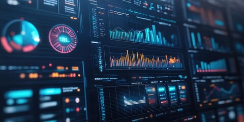 Obraz premium A cybersecurity dashboard displays real-time data encryption statistics, showcasing a secure network environment with no people in sight.