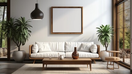 Contemporary living room with blank poster frame, perfect for personalized decor and creative expression.