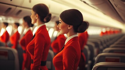 A cabin crew team, including air hostesses and stewards, in a training session, preparing for their duties and responsibilities during flights, symbolizing professional airline training
