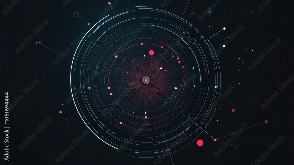 Poster abstract circles and data points on a dark background, illustrating connectivity in business network