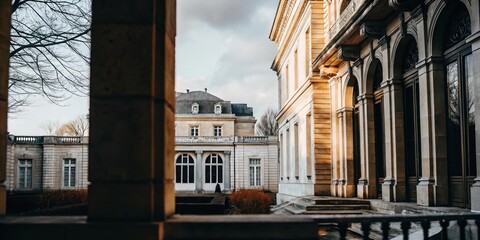 Fototapeta premium Majestic Mansion with Sunlit Facade and Classic Design