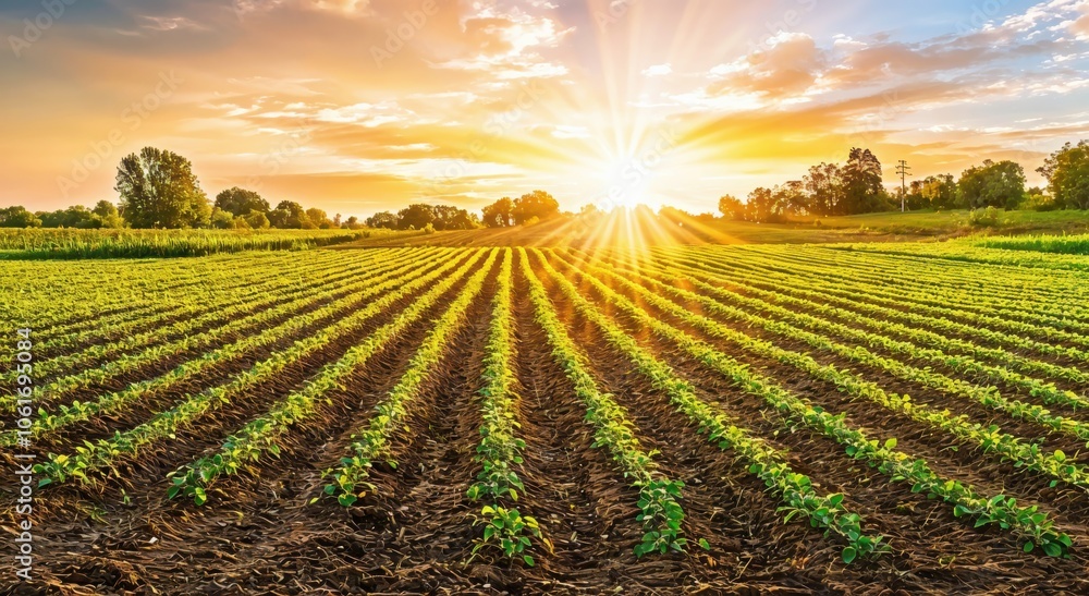Poster sunset illuminates a lush green field, showcasing orderly rows of crops under a colorful sky