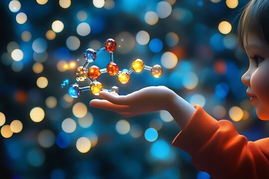 Kid observing a colorful molecular model on a blurred background with bokeh effect