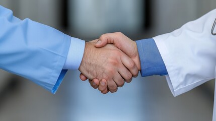 A handshake between two individuals in professional attire symbolizes collaboration and partnership in a healthcare setting.
