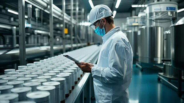 A worker in a food processing facility checks data on a tablet while overseeing rows of sealed containers, emphasizing quality control and efficiency in production.