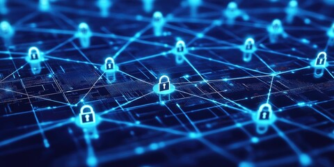 Obraz premium Diagram of a cybersecurity framework with connected nodes, glowing lines, and padlock icons.