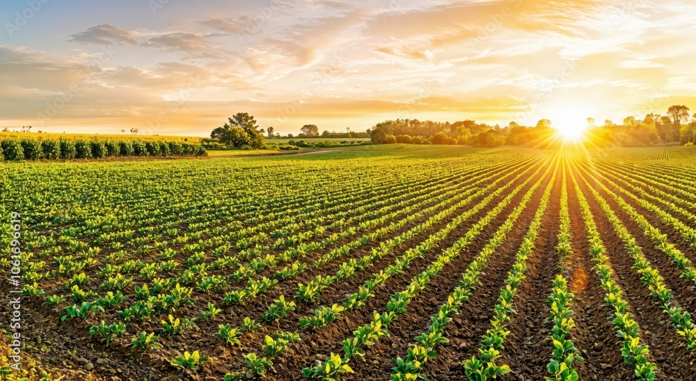Poster sunrise illuminates a lush green farm field, showcasing neatly arranged rows of crops against a morn