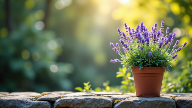 A small pot of lavender flowers with a blurred background.