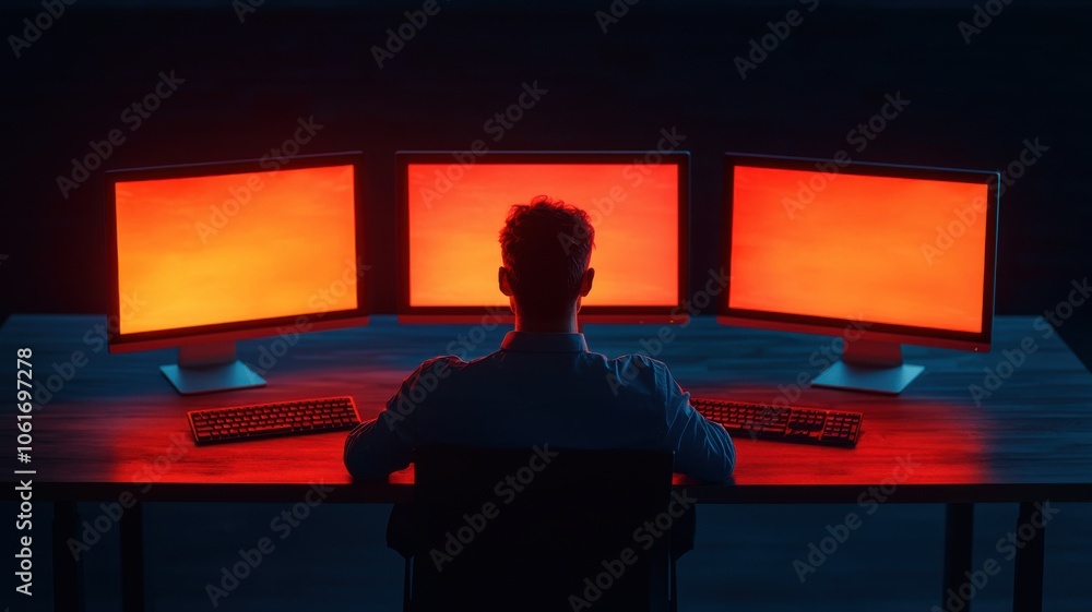 Poster a silhouette of a person sitting before three glowing red computer screens, creating an intense and 