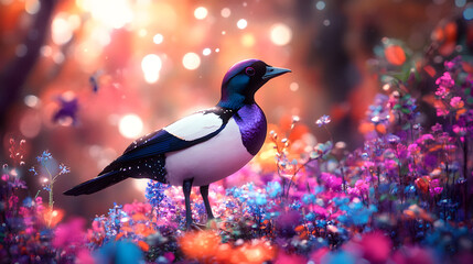 A Whimsical Encounter with a Colorful Magpie Duck in a Vibrant Forest Setting