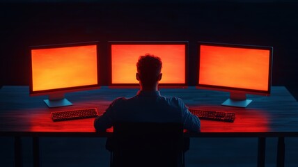 A silhouette of a person sitting before three glowing red computer screens, creating an intense and futuristic atmosphere in a dark setting.