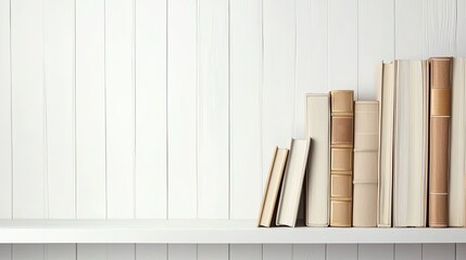 A minimalist shelf displays neatly arranged vintage books against a textured white wooden background, creating an inviting reading atmosphere.