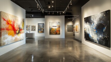 A contemporary art gallery with a collection of bold abstract paintings and mixed media works, drawing in visitors to explore modern themes