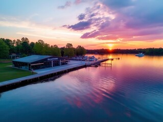 Obraz premium Breathtaking sunset landscape with beautiful reflection on a calm serene lake Docked boats and a wooden boathouse frame the peaceful waterfront scene
