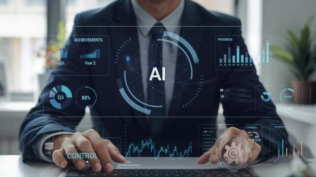 4k footage of a man in a suit interacting with a digital interface displaying various analytics related to artificial intelligence (AI).