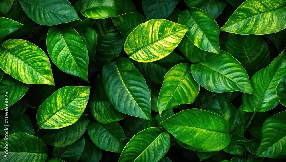 Poster Close up view of vibrant green leaves with varying textures and patterns
