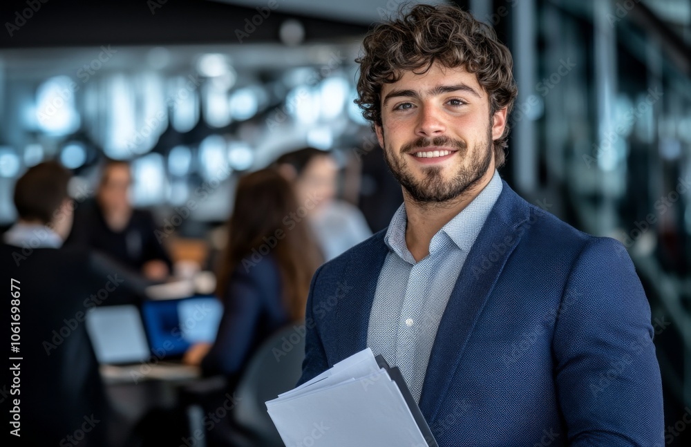 Poster confident professional in business setting with documents and team background