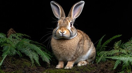 Obraz premium Captivating portrait of a majestic rabbit amidst lush ferns in nature's embrace
