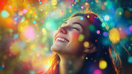 A creative and optimistic state of mind, with colorful bursts of light and abstract shapes surrounding a smiling person, emphasizing the power of positive thinking and mindset shifts